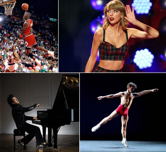 Michael Jordan (photo by Getty Images), Taylor Swift (photo by Startraks), Lang Lang (photo by Detlef Schneider), Mikhail Baryshnikov (photo by Thomas Giroir)