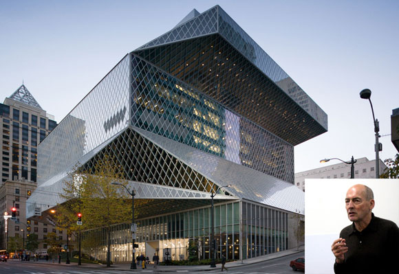Seattle Public Library, Washington (photo by James Ewing), by Rem Koolhaas of OMA (inset photo by Superslice)