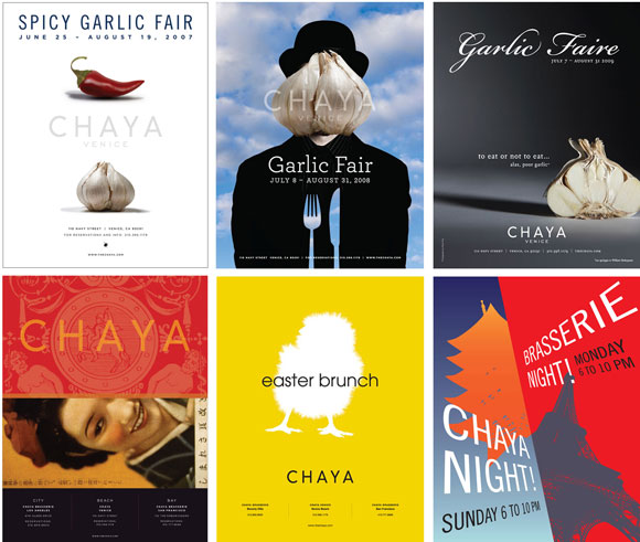 Ads for the Chaya restaurants, by Sue and Danny Yee with Poon Design