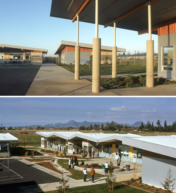 top: Special education building and classroom buildings; bottom: Multipurpose and administration buildings, Feather River Academy, Yuba City, California, by Anthony Poon (w/ A4E, photos by Gregory Blore)