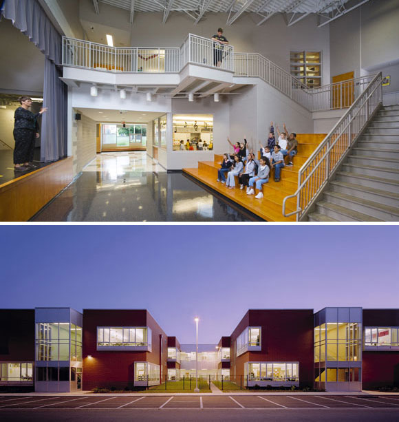 top: Lobby and amphitheater staircase; bottom: Street façade, Greenman Elementary School, Aurora, Illinois, by Anthony Poon (w/ A4E and Cordogan, Clark & Associates, photos by Mark Ballogg)