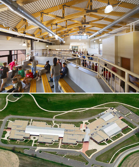 top: Technology center and “Grand Hall”; bottom: Overall view, Herget Middle School, Aurora, Illinois, by Anthony Poon (w/ A4E and Cordogan, Clark & Associates, photos by Mark Ballogg)