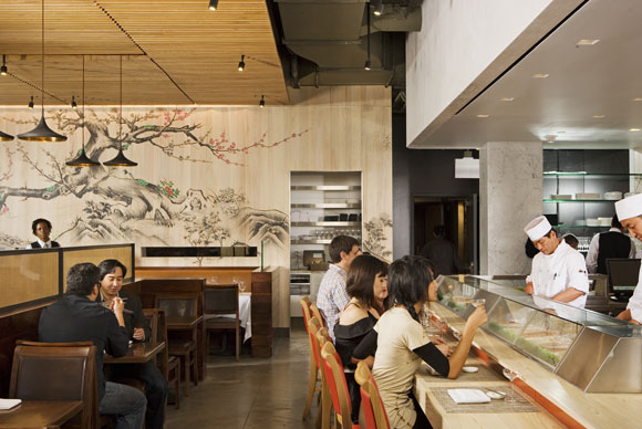 Mural and sushi counter at Chaya Downtown, Los Angeles, California, by Poon Design (photo by Gregg Segal)
