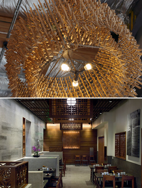 Top: Each chandelier is made of wire fencing and 1,500 wood clothespins at Mendocino Farms, Los Angeles, California; bottom: Laser cut Walnut plywood lamp shades, Din Tai Fung, South Coast Plaza, Costa Mesa, California (photo by Gregg Segal) both projects by Poon Design