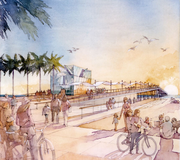 Public space, new palm trees, pier canopy, and optional glass skin for renovated lifeguard tower to reflect the water, sky and sun (watercolor by Al Forster)