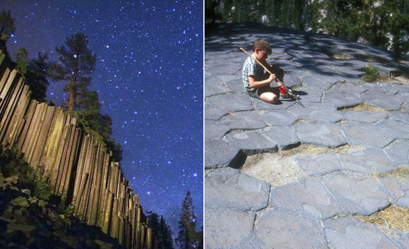 left: Devils Postpile National Monument, Mammoth Lakes, California (photo by Wally Pacholka); right: Hexagonal tops of the postpile columns (photo by Jerrye and Roy Klotz)