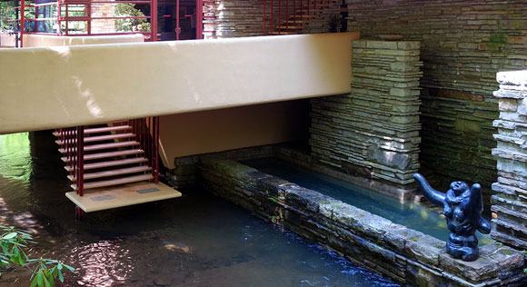 Fallingwater living room stair down to creek (photo by Daderot)